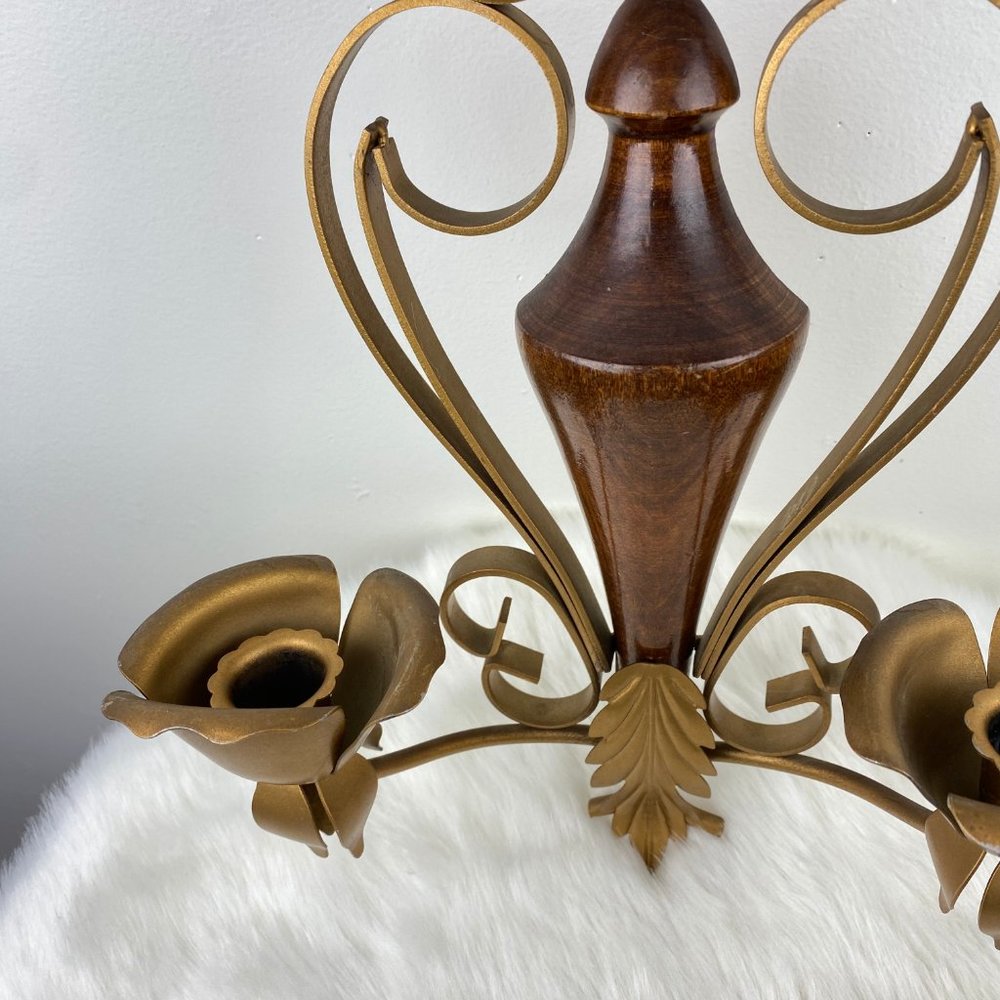 Vintage Wood & Brass Rose Candle Holder Wall Hanging 17.5" X 9.5" X 4" - Picture 4 of 10